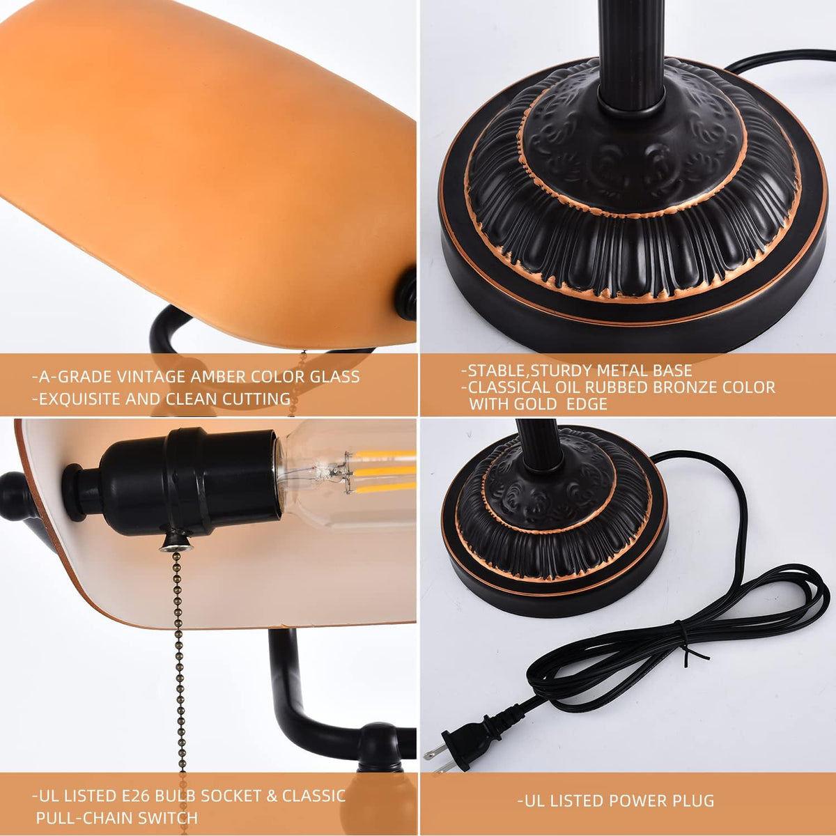 Bankers Desk Lamp with USB-A Port, Rustic Desk Lamp Pull Chain with Yellow Gl...