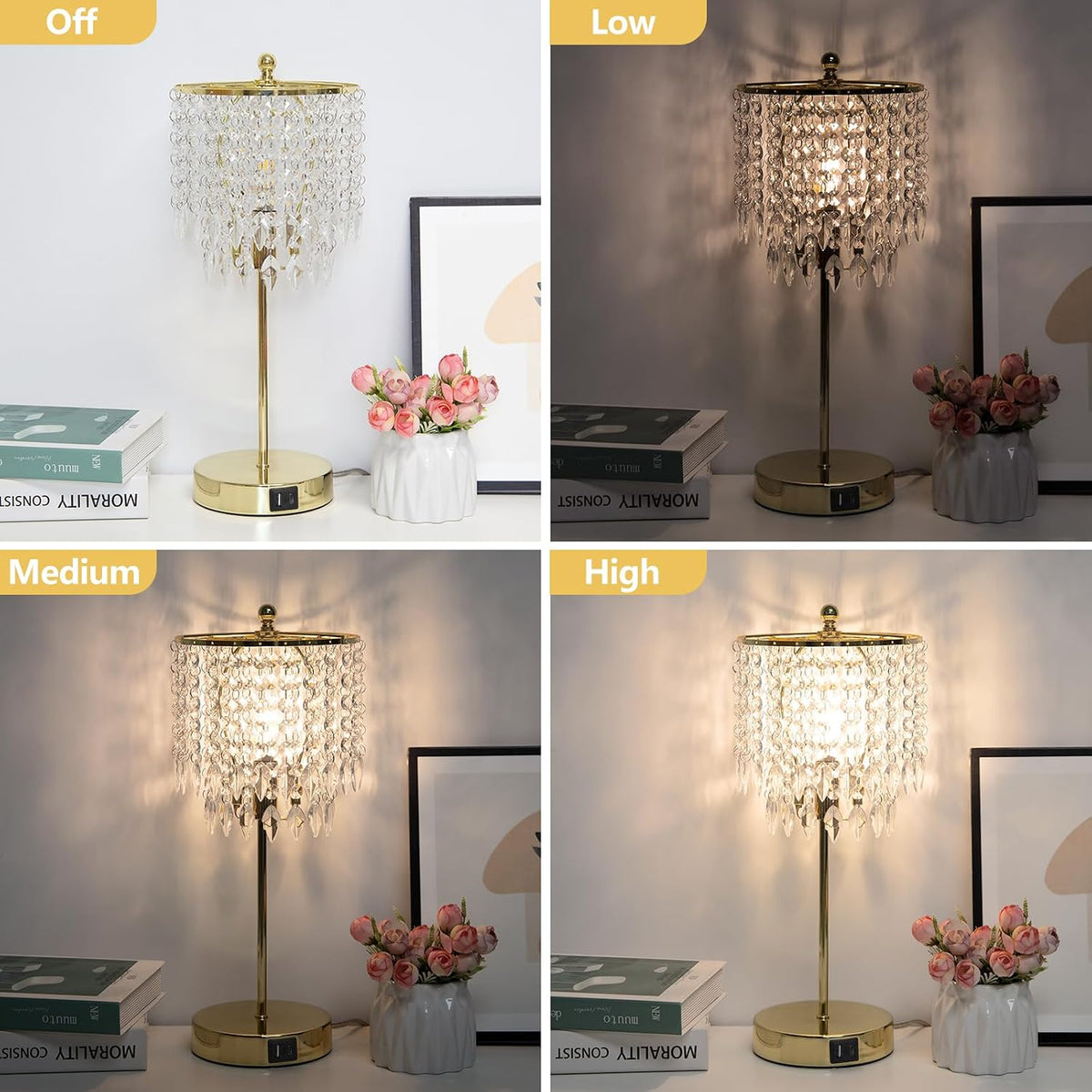 Crystal Table Lamp Set of 2, 3-Way Dimmable Nightstand Lamp with 2 USB Chargi...