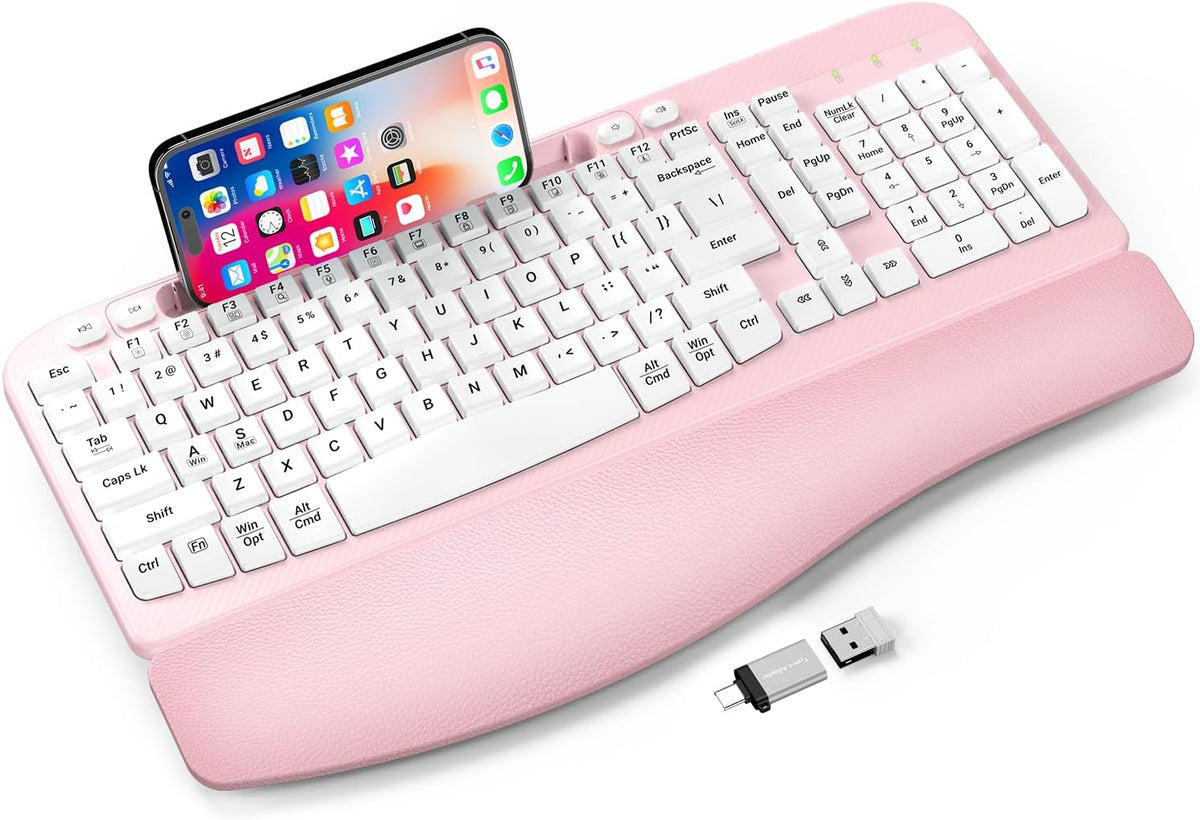 EAYBLLY 2.4G Wireless Ergonomic Keyboard, Full Size Wave Keys with Memory Foa...