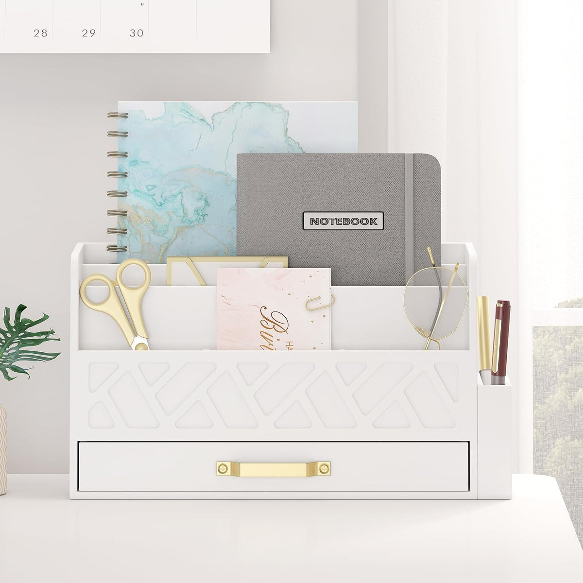 Wisuce Bamboo Mail Organizer Countertop with Drawer and Pen Holder, White