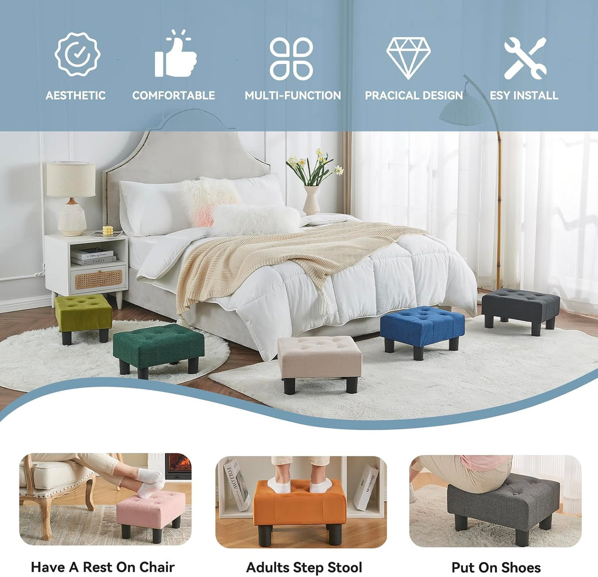 Poofzy Small Foot Stool Ottoman, Velvet Ottoman Foot Rest with Legs, Rectangl...