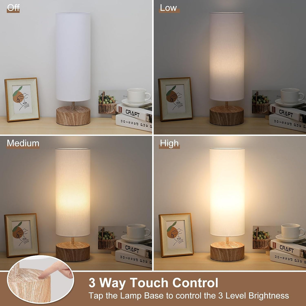Touch Table Lamp with Wood Grain Metal Base, 3 Way Dimmable Bedside Lamp