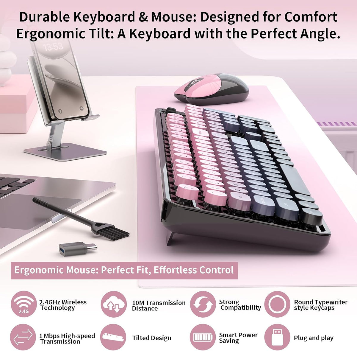 Wireless Keyboard and Mouse, MOFII 104 Round Keycaps Retro Typewriter with OT...