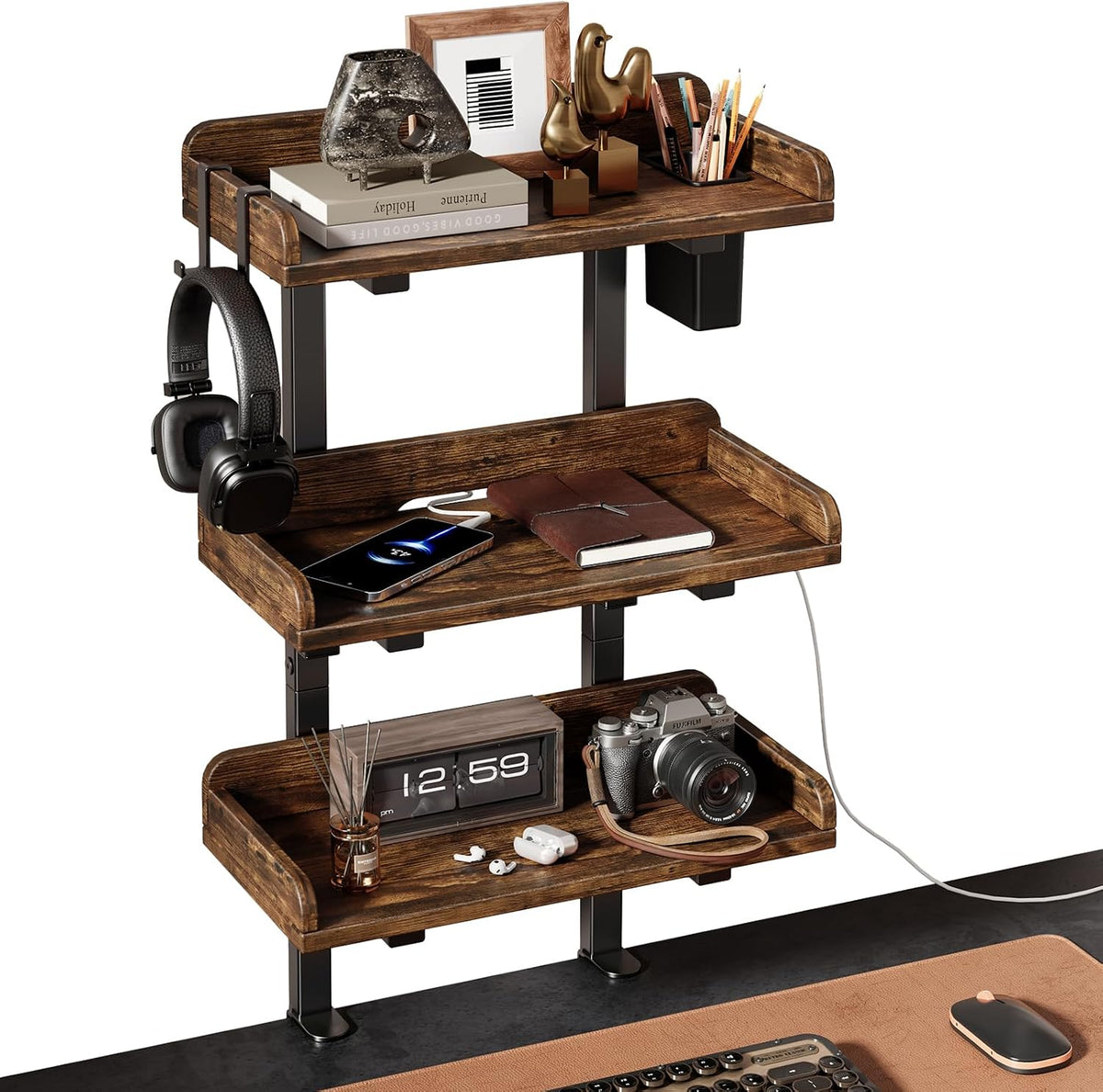 3-Tier Clamp on Wood Desktop Shelf, Adjustable Height Office Desk Organizer