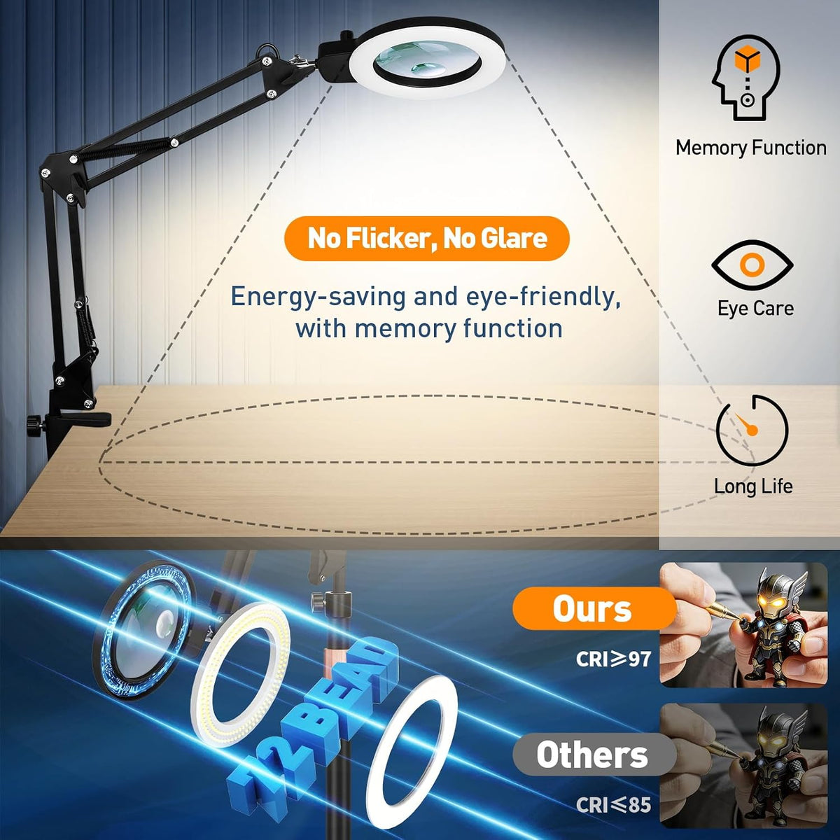 KIRKAS Magnifying Floor Lamp, 12X 30X 11.2in Stable Base Magnifier Black