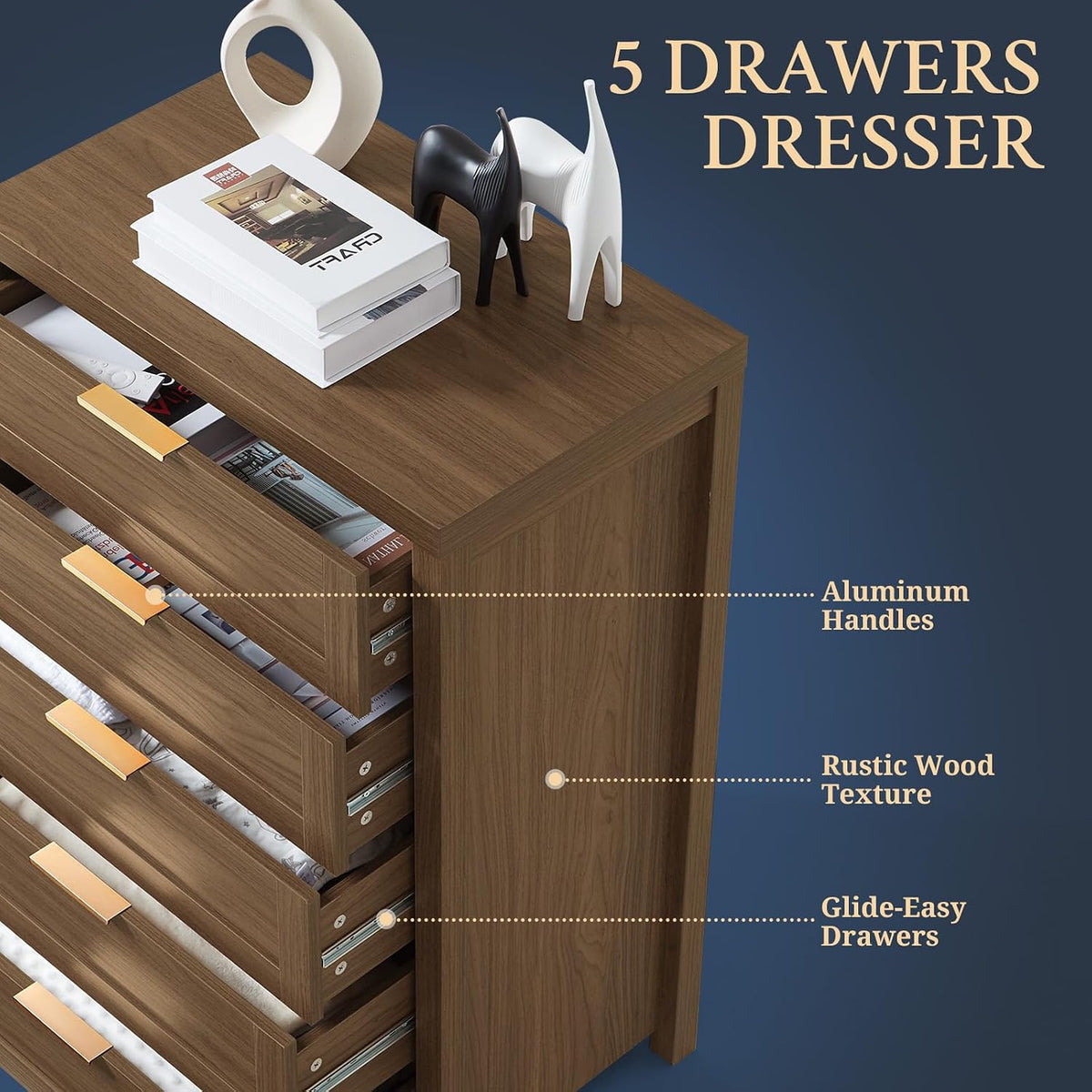 OAKHAM HOME Dresser for Bedroom with 5 Drawers, Tall Dresser with Large Stora...
