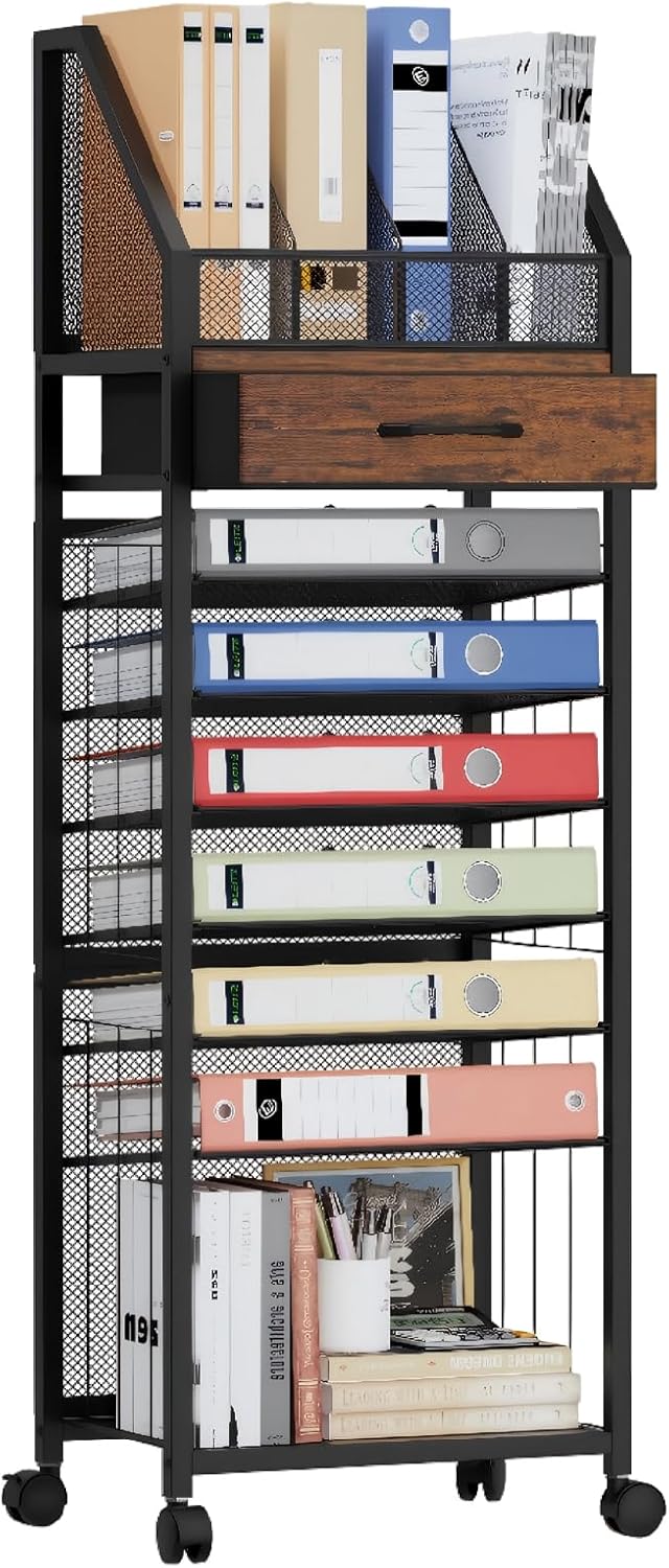 SWTYMIKI 9-Tier Rolling File Cart - Paper Organizer with Drawer and Trays, Wo...