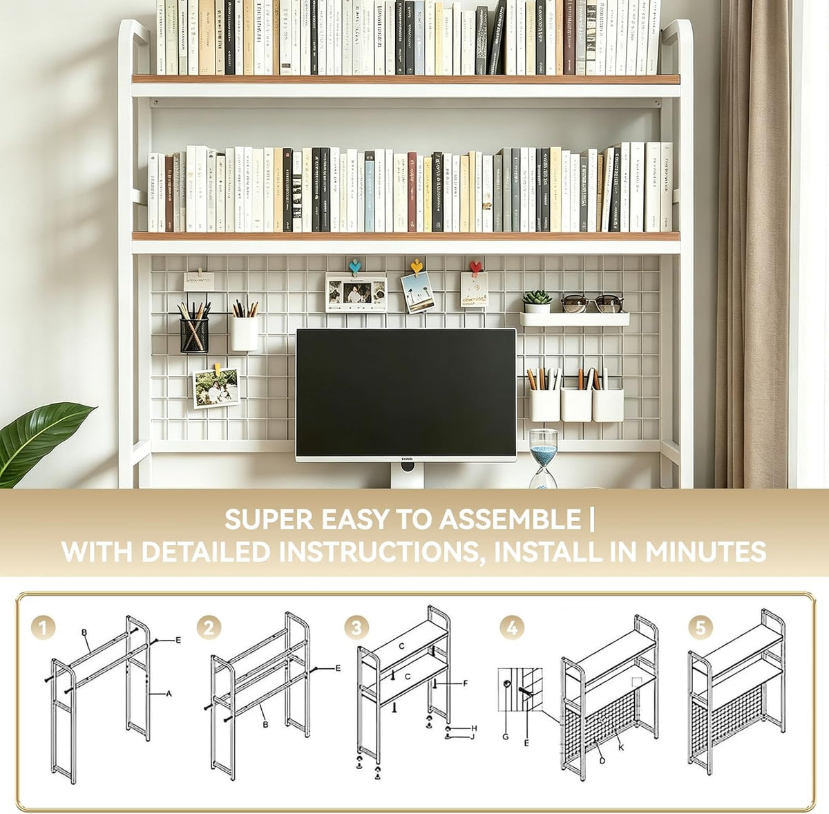 Desktop Bookshelf with Pegboard, 2-Tier Desk Hutch Storage Organizer Rack, Me...
