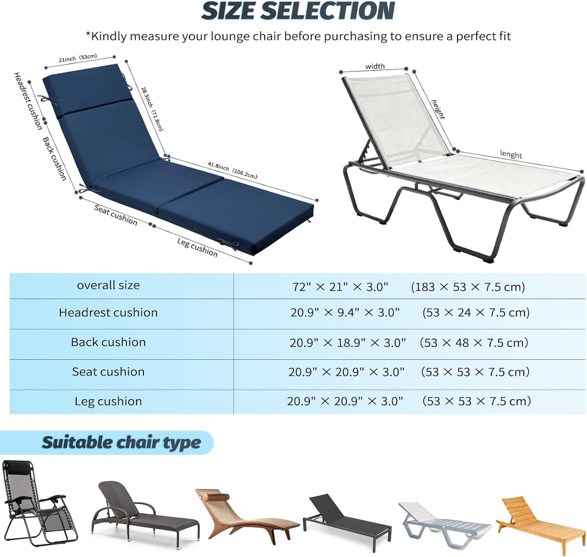 2 Pack Blue Outdoor Chaise Lounge Cushions, 72x21x3 in