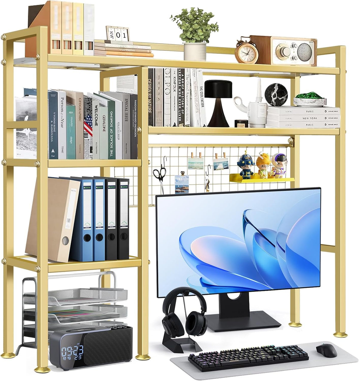 Desk Shelf with Grid Panel, 37.5" Desktop Hutch Organizer, 4-Tier Desk B...