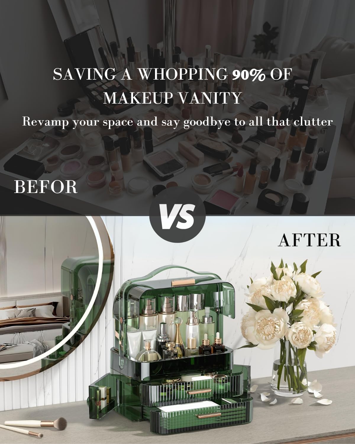 LINFIDITE Cosmetics Storage Box Transparent Lid Large Makeup Organizer Box Dr...