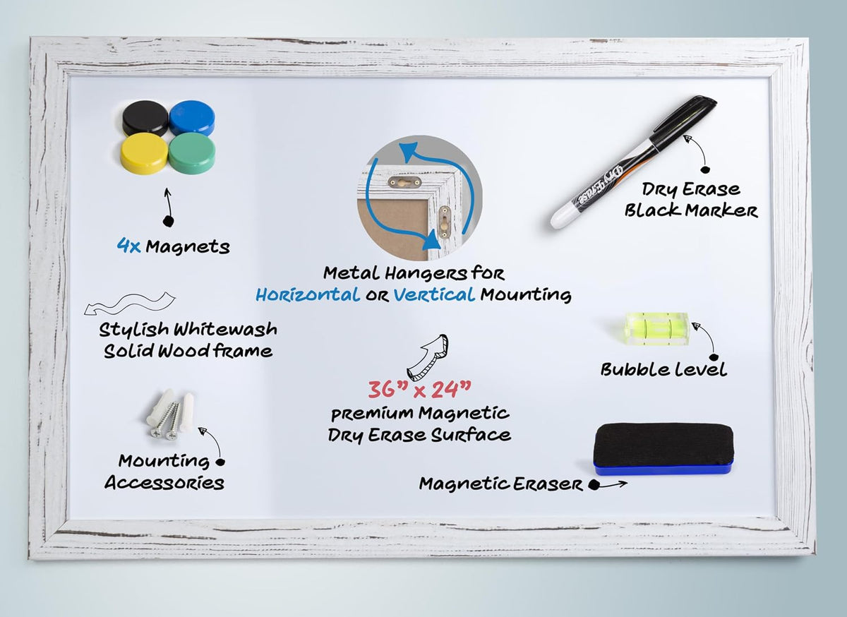 Real Wooden Framed Magnetic Dry Erase Whiteboard, 24" X 36", Vertic...