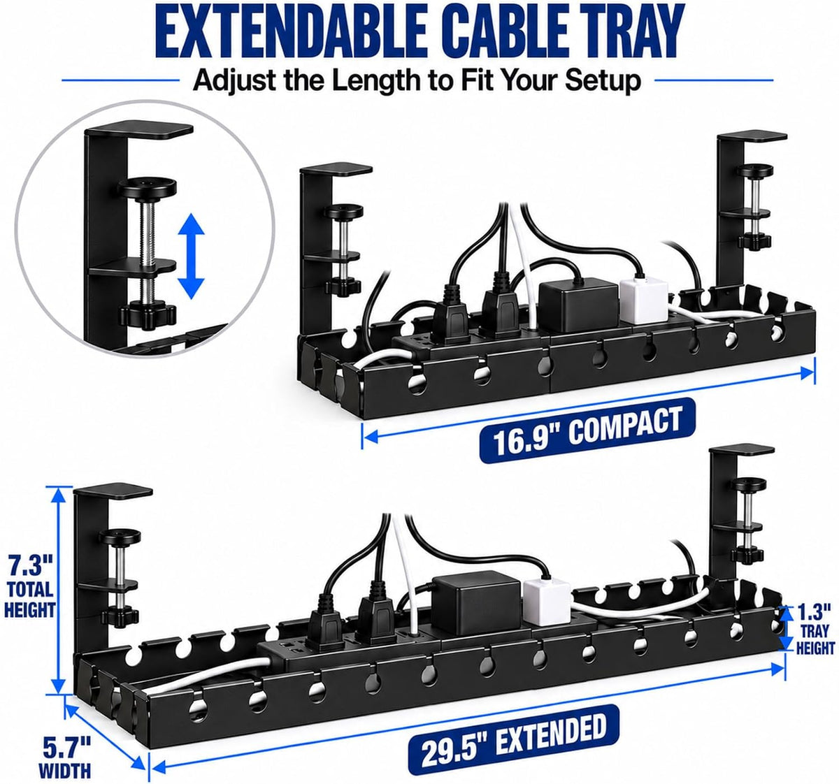 Under Desk Cable Management Tray, No Drill Clamp Mount, 17-30 Inch