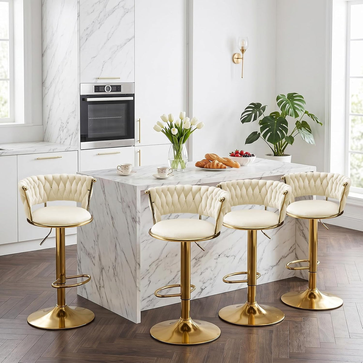 Beige Velvet Bar Stools Set of 4, Adjustable Counter Height