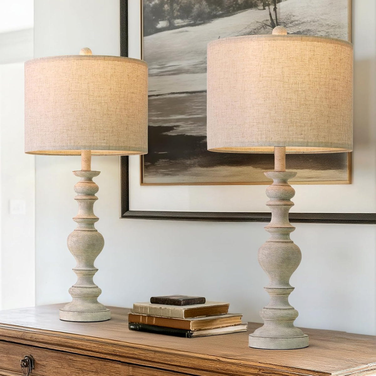 BOBOMOMO 27" Antique Gray Table Lamps Set of 2, Large Farmhouse Resin La...