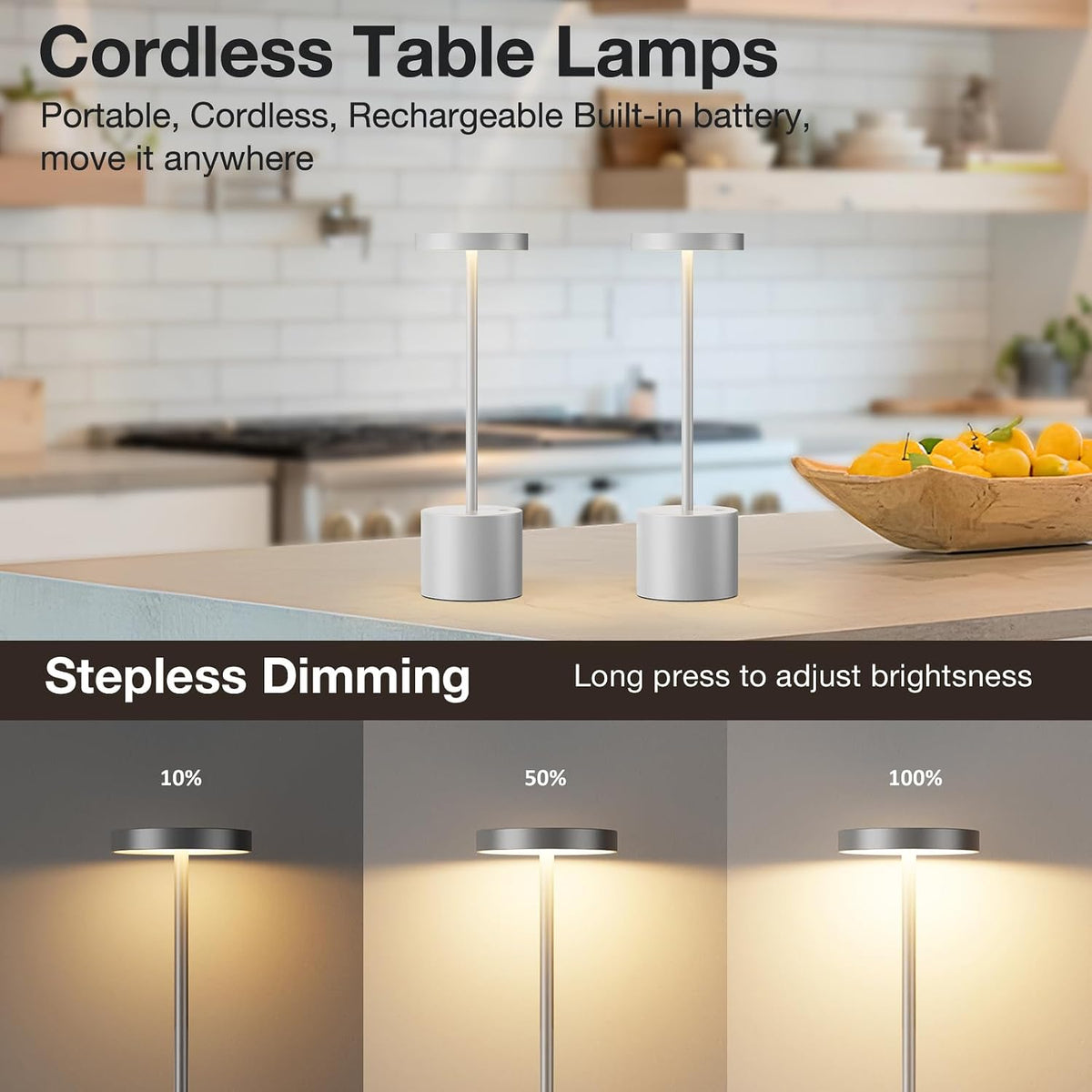 Kakanuo Silver Gray Cordless Lamp Set, Rechargeable Lamp, 3 Color Temperature...