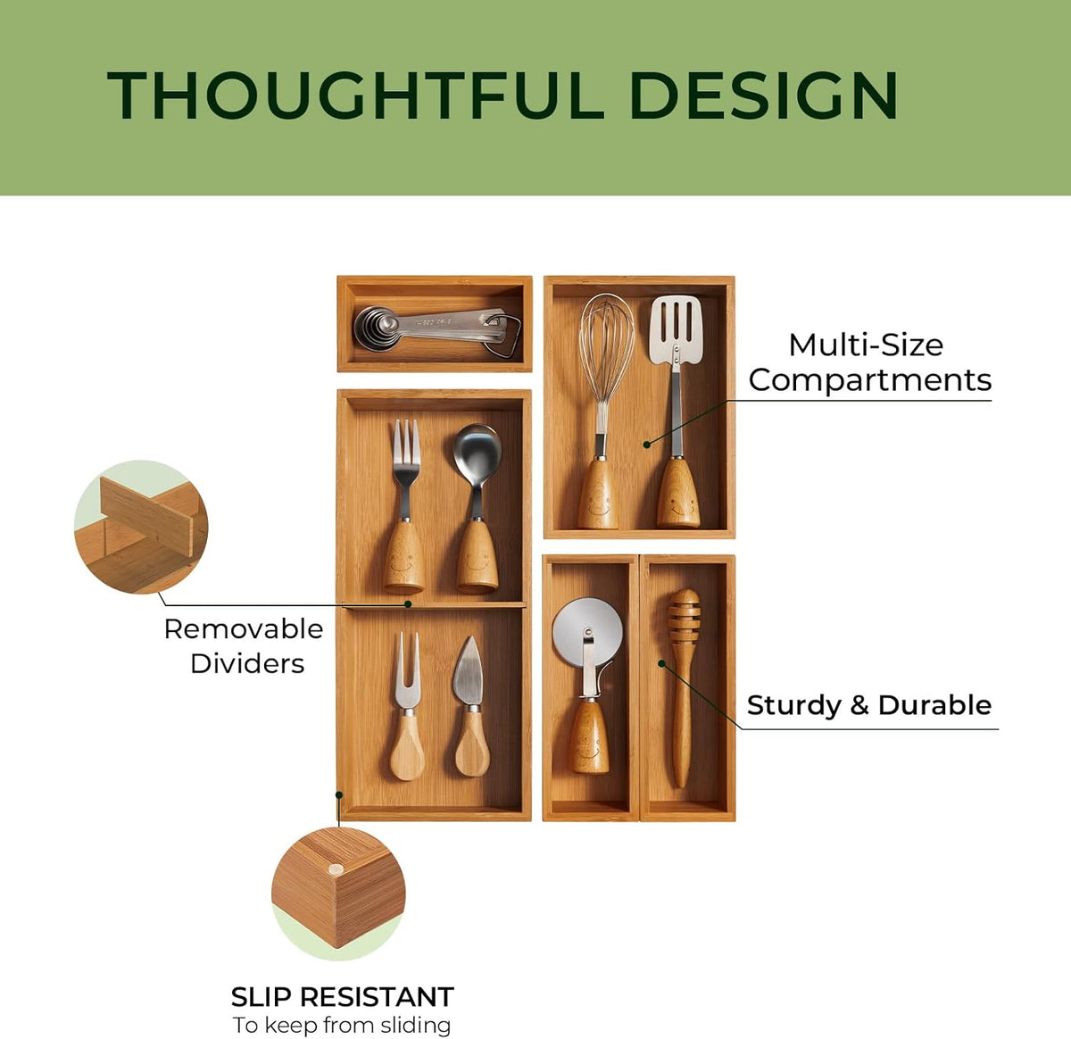keechee 5-Piece Bamboo Drawer Organizer Set, 2.2" Deep Multi-Use Organiz...