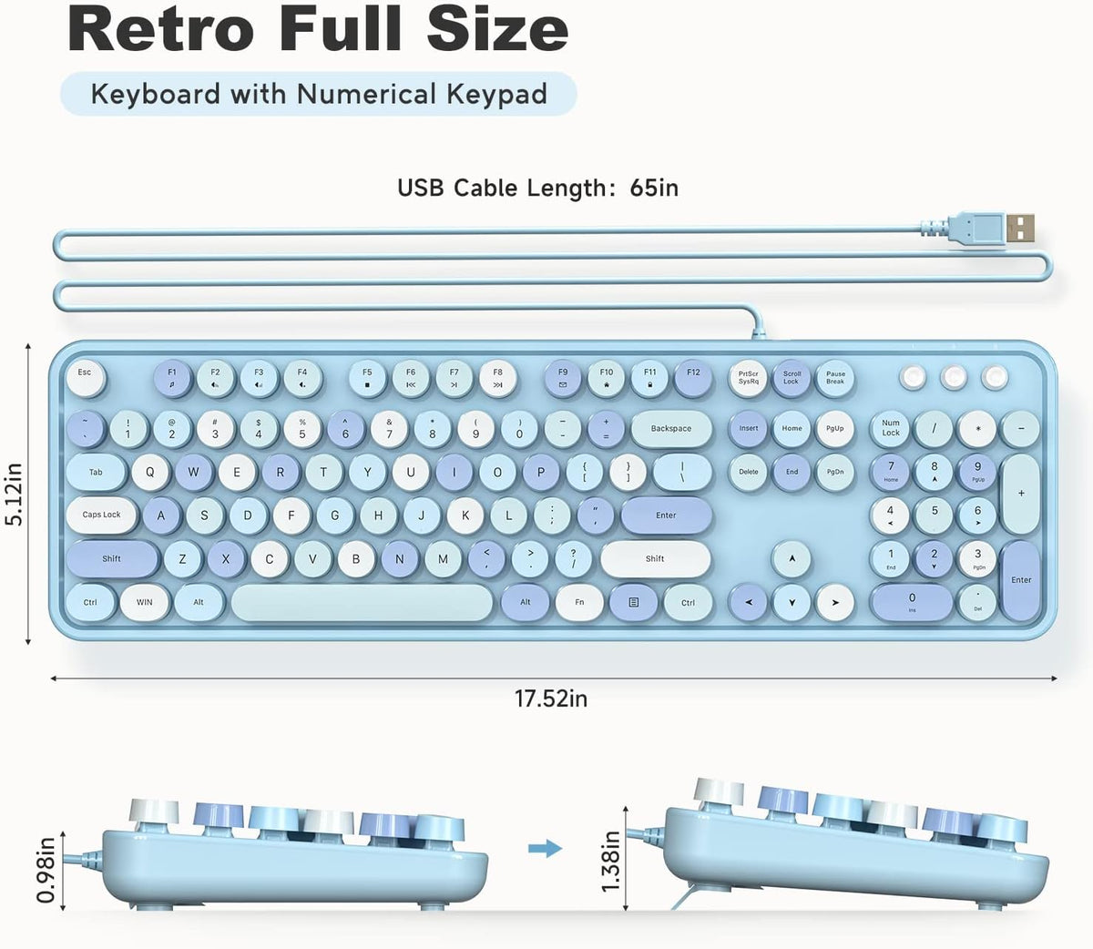 MOWUX Computer Keyboard Wired, Plug and Play USB Retro Round Typewriter Keybo...