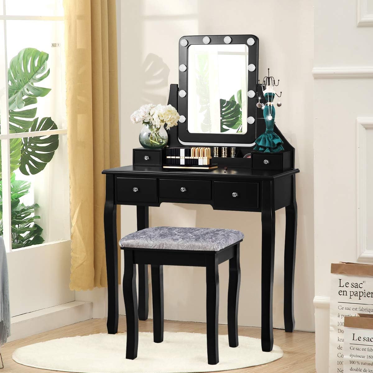 CHARMAID LED Vanity Desk with Lighted Mirror, 10 Dimming Bulbs, 5 Drawers, 3 ...