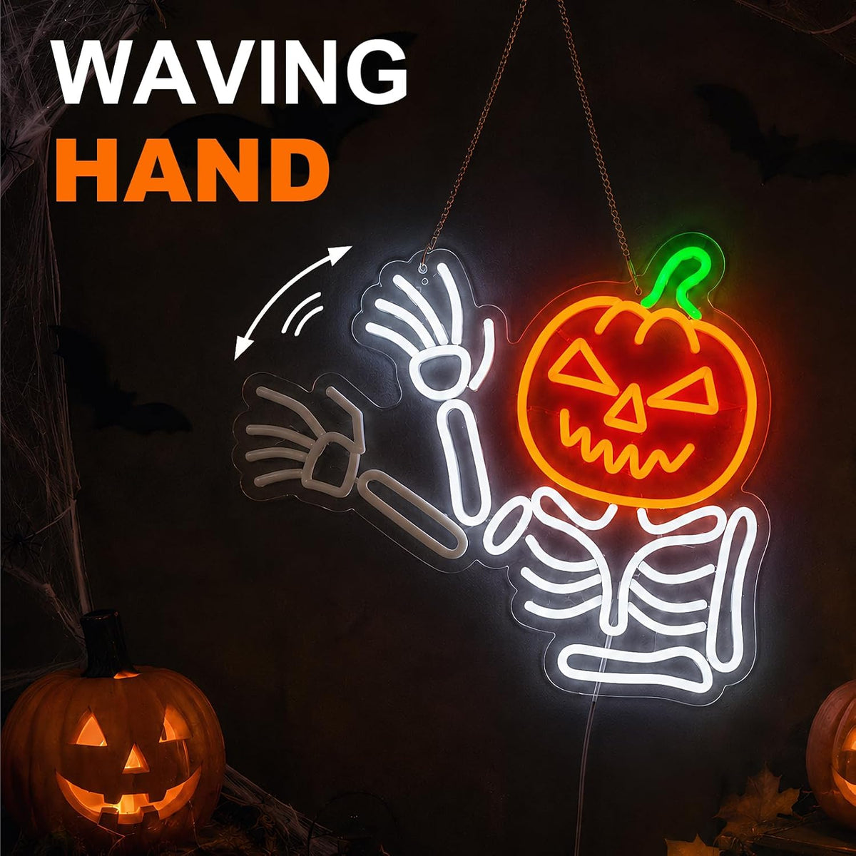 Waving Pumpkin Skeleton Neon Sign, Flashing Halloween Neon Sign, Dimmable Sku...