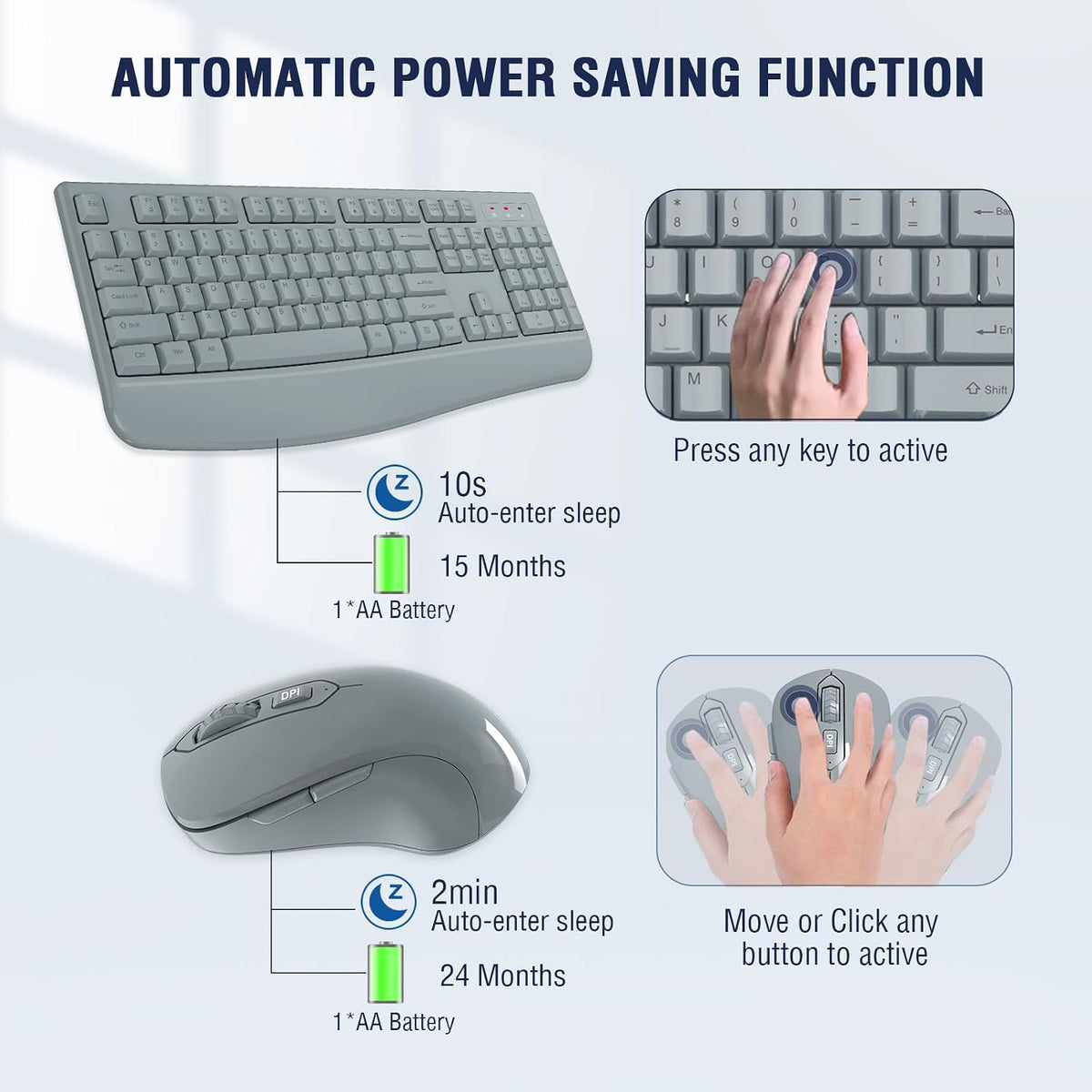 QUASIO Wireless Keyboard Mouse Combo, Windows & Mac Compatible (Gray)