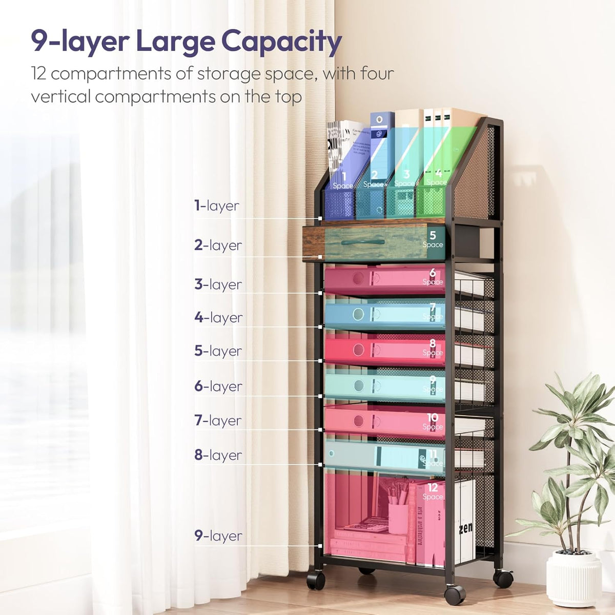 SWTYMIKI 9-Tier Rolling File Cart - Paper Organizer with Drawer and Trays, Wo...