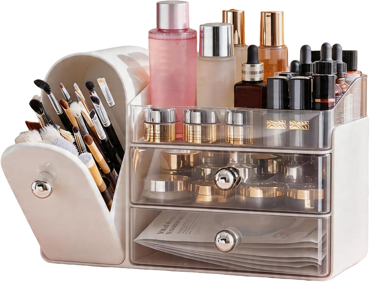 Makeup Organizer with Makeup Brush Holder, 2 Drawer, White