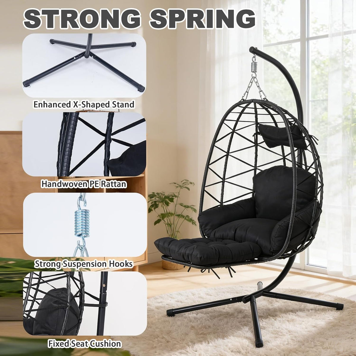 Hanging Egg Chair with Footrest & Stand, Wicker Rattan Swing Hammock Chai...