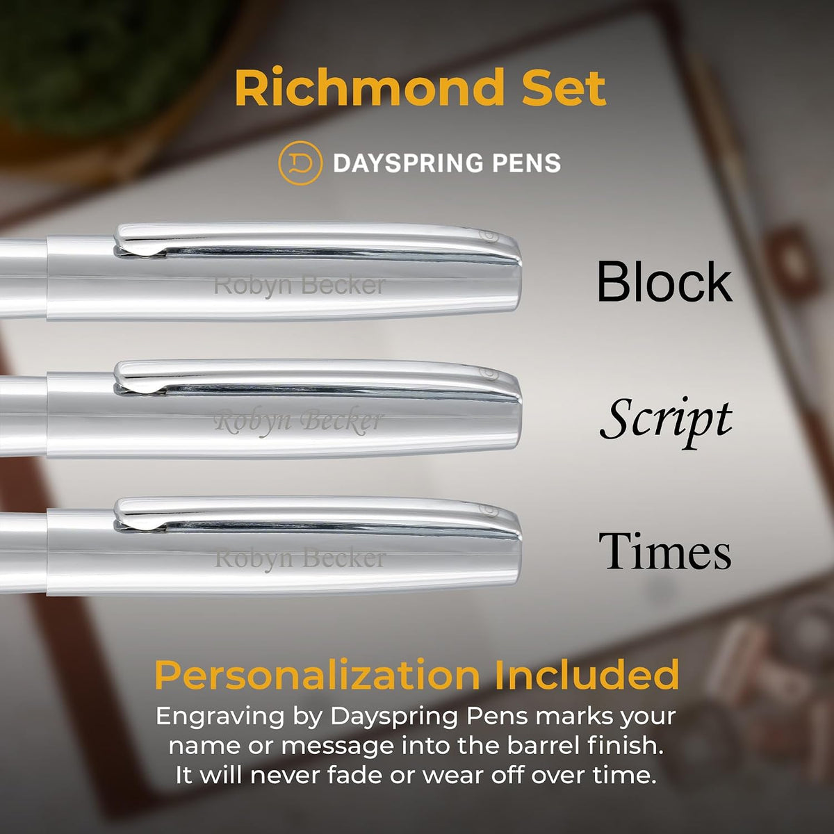 Dayspring Pens Richmond Personalized Rollerball Pen & Pencil Set in Chrome