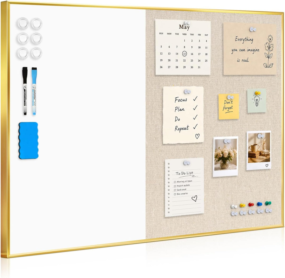 Whiteboard Bulletin Board Combo, 24"x18" Dry Erase Linen Cork Board