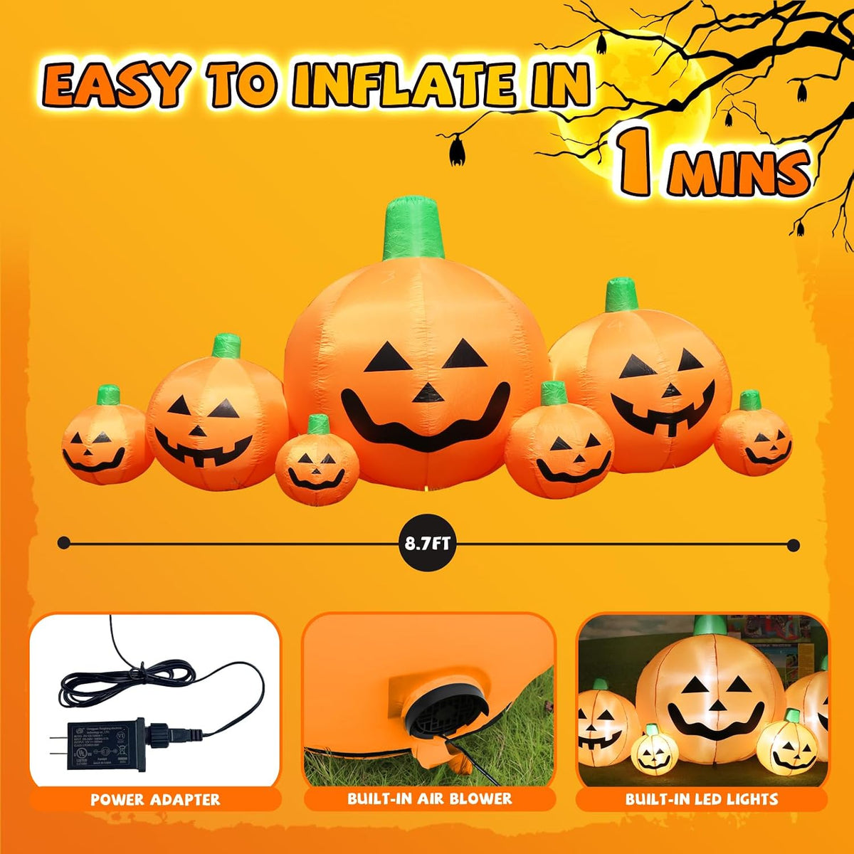 8.7 FT Long Halloween Inflatable Pumpkins, 7 Cute Patch with Built-in LEDs, O...