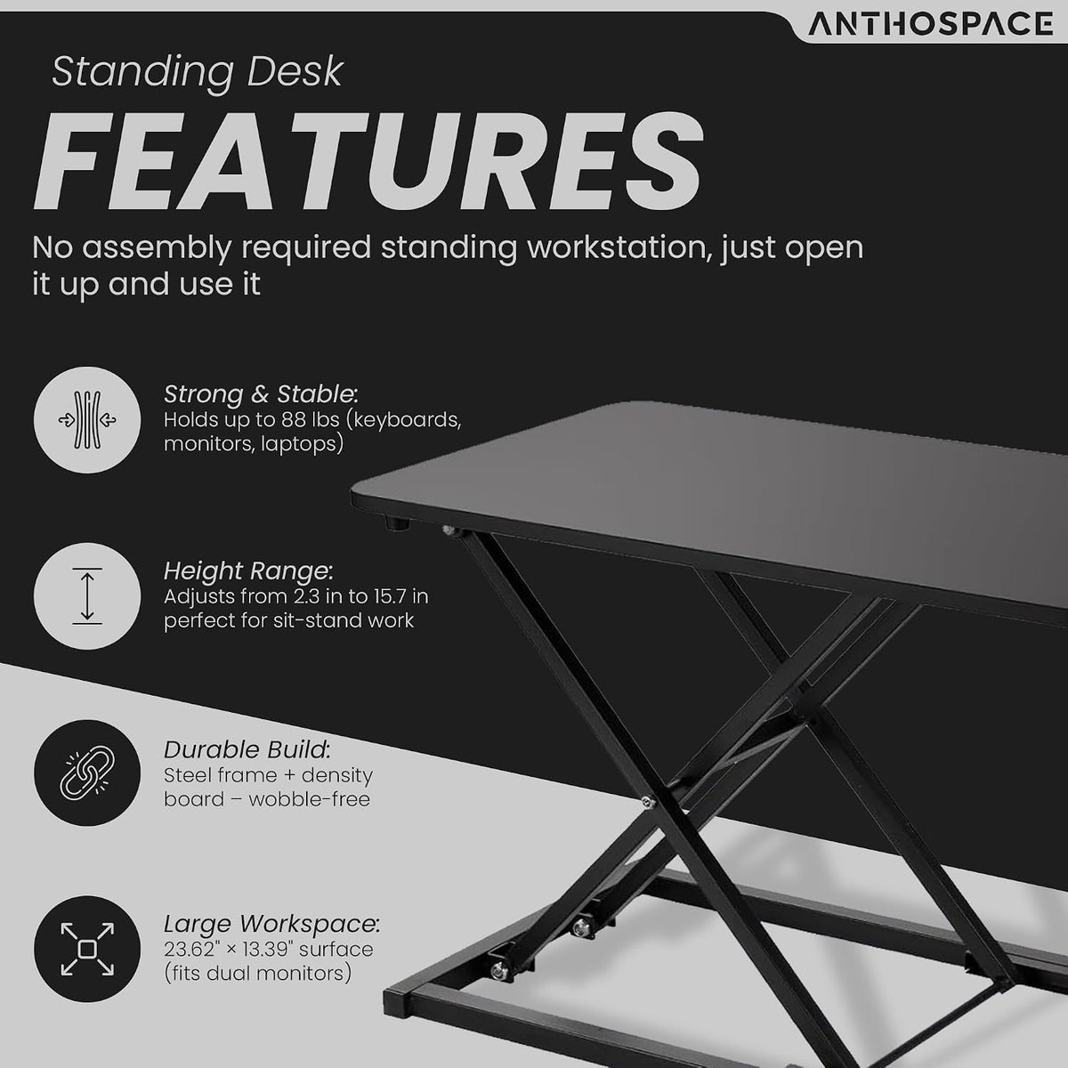 Standing Desk Converter 23.6" x 13.4", Adjustable Height 2.4"–...