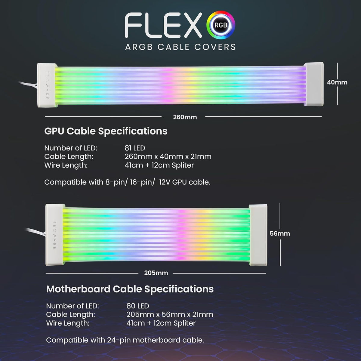 TECWARE Flex RGB Cable Cover Kit | Compatible with 24-Pin Motherboard and 8-P...