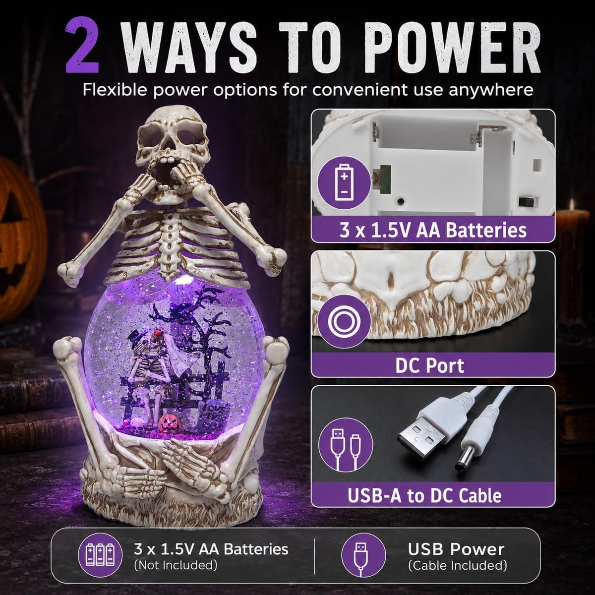 Halloween Skeleton Couple Snow Globe Lantern, Lighted Water Glitter Halloween...