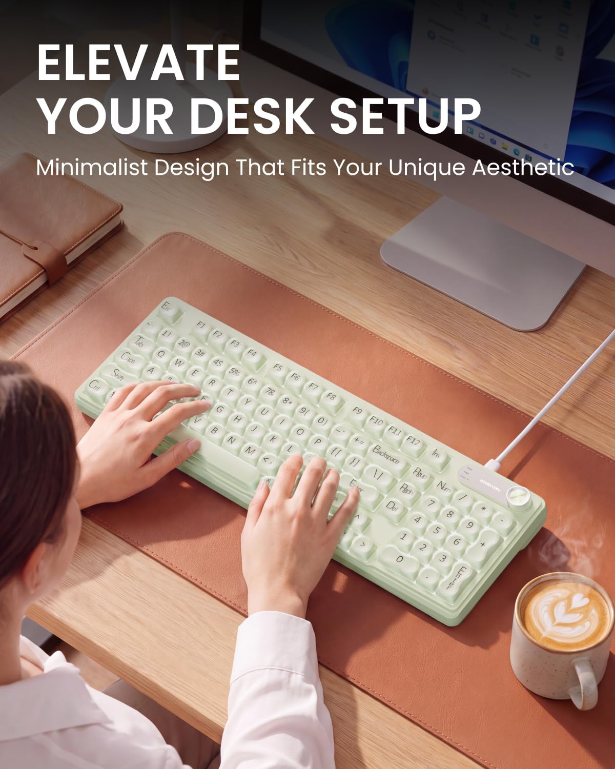 EWEADN Wired Creamy Keyboard with Number Pad, Media Knob, RGB Backlit-Green