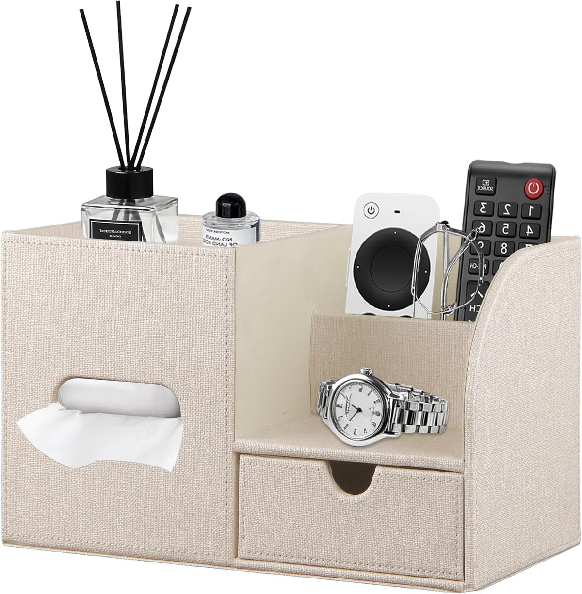 PU Leather Tissue Box Cover Square with Drawer Storage and Tray on Top