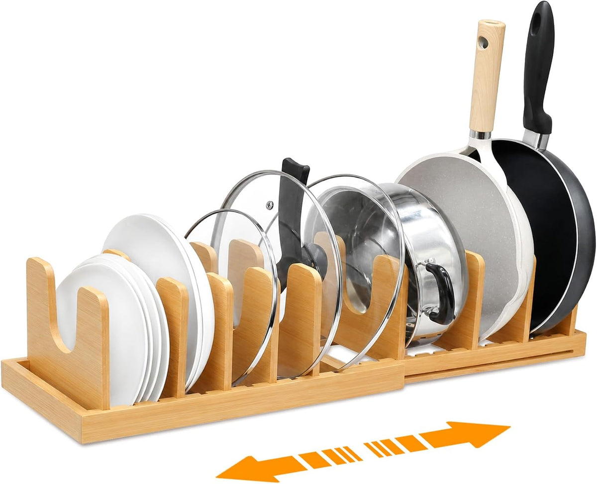MinBoo Bamboo Expandable Pot Lid Organizer, Pot and Pan Organizer Drawer Orga...
