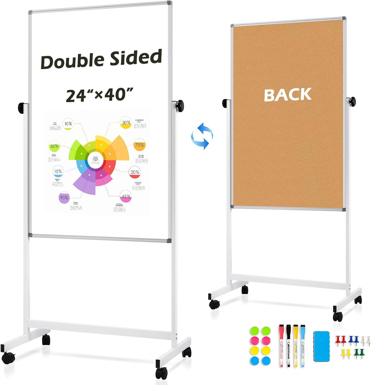 Rolling Whiteboard Cork Board, 40" x 24", Double Sided, Height Adju...