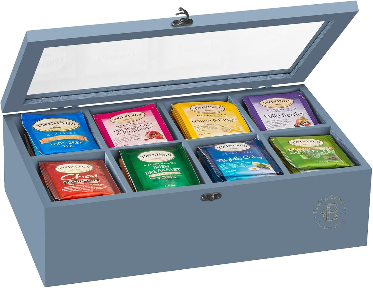Tea Bag Organizer with Drawer - Gray Bamboo Tea Box Organizer, 8-Compartment ...