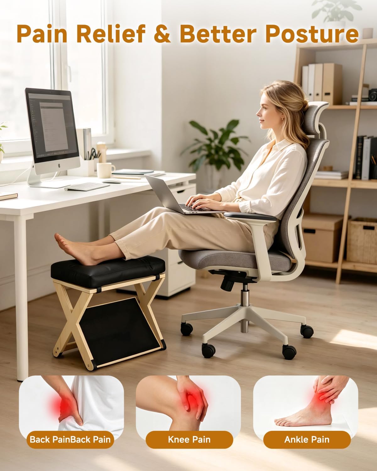Adjustable Height Foot Rest Under Desk at Work, Solid Wood 4 Step Footrest