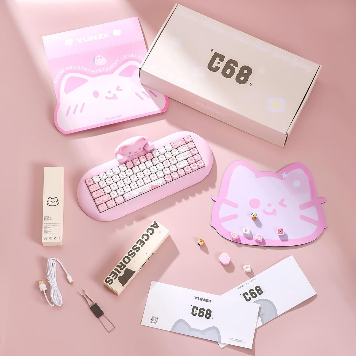 YUNZII C68 Silicone Cute Cat Mechanical Keyboard (Pink, Cocoa Cream Switch)