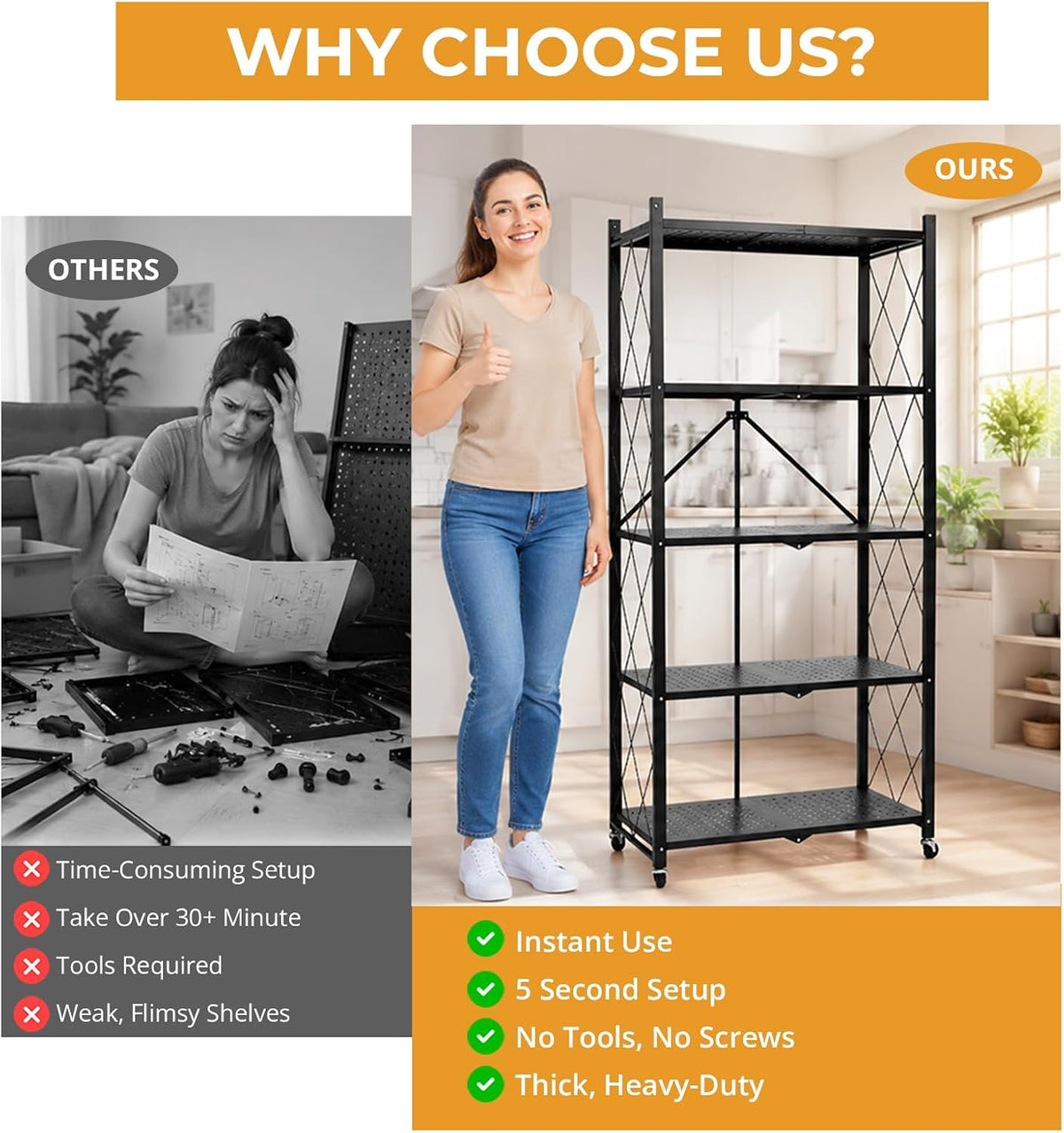 COKIHOM 5 Tier Foldable Storage Shelf with Wheels, Heavy Duty Metal Rolling S...