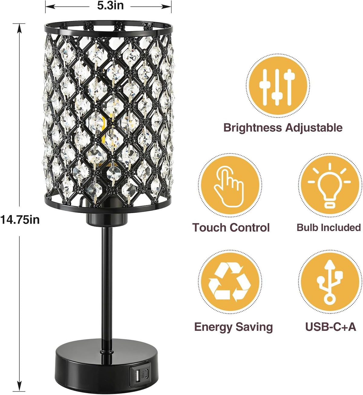 Crystal Table Lamp, Black Touch Lamp with USB C+A Port, 3-Way Dimmable