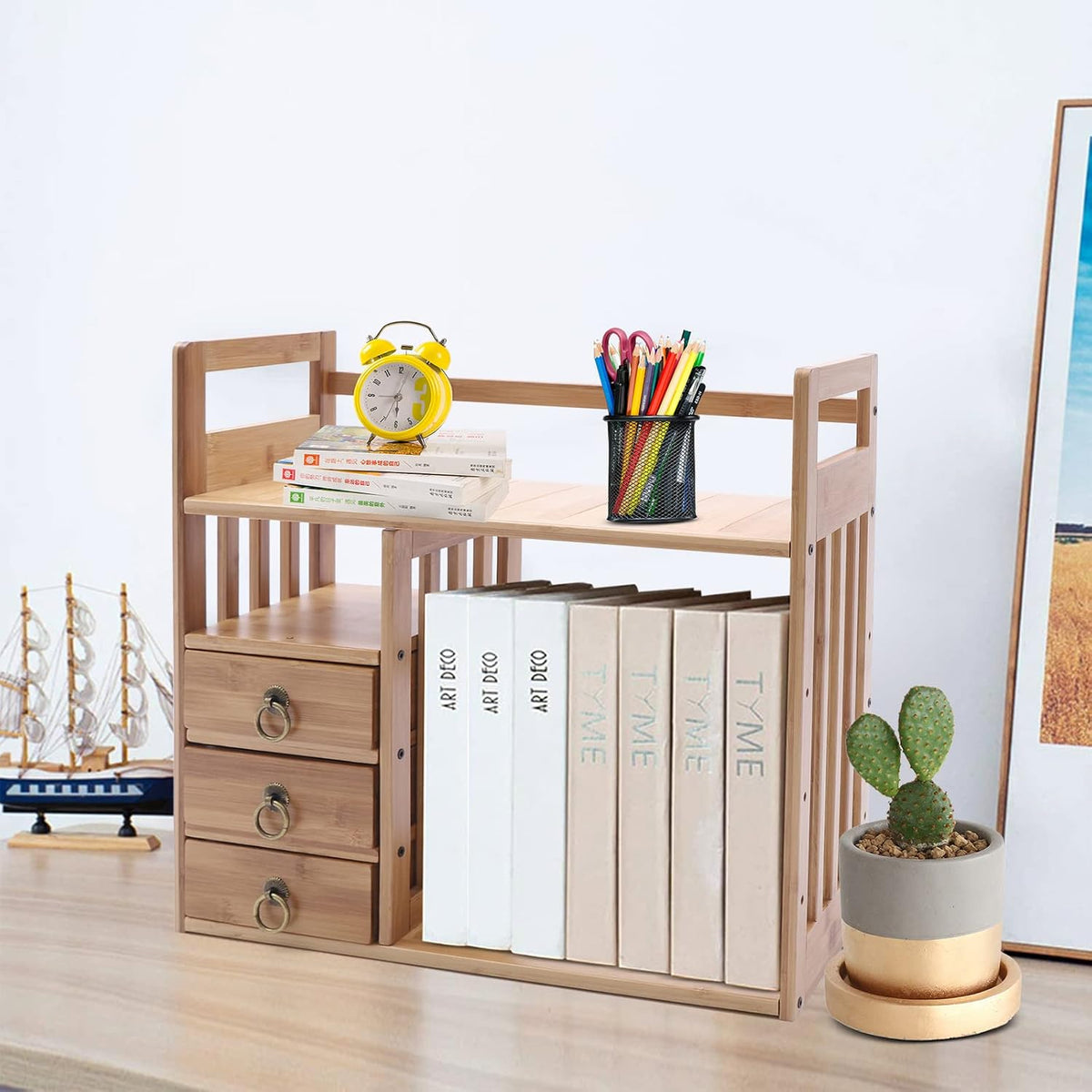 Bamboo Desk Book Shelf,Desktop Bookshelf Storage Rack Tabletop Standing Organ...