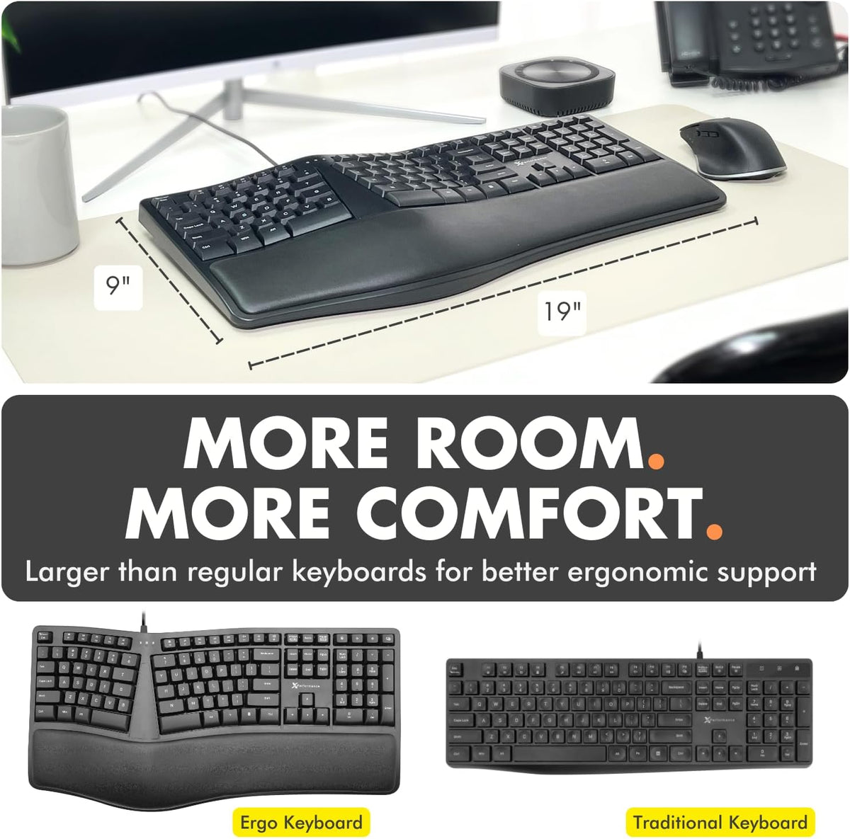X9 Wired Ergonomic Keyboard with Cushioned Wrist Rest - Type Comfortably Long...