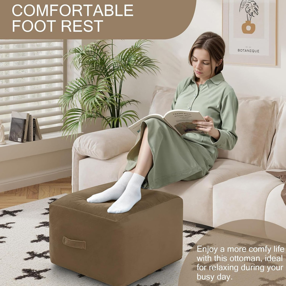 MeMoreCool Square Pouf Ottoman Foot Rest 20x20x15 Inches, Light Coffee