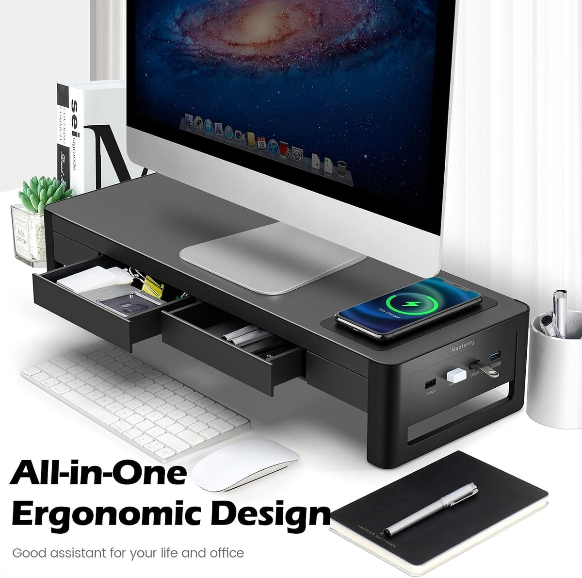 meatanty 3 In 1 Monitor Stand Riser with 2 Drawers,1 Wireless Charging Module...