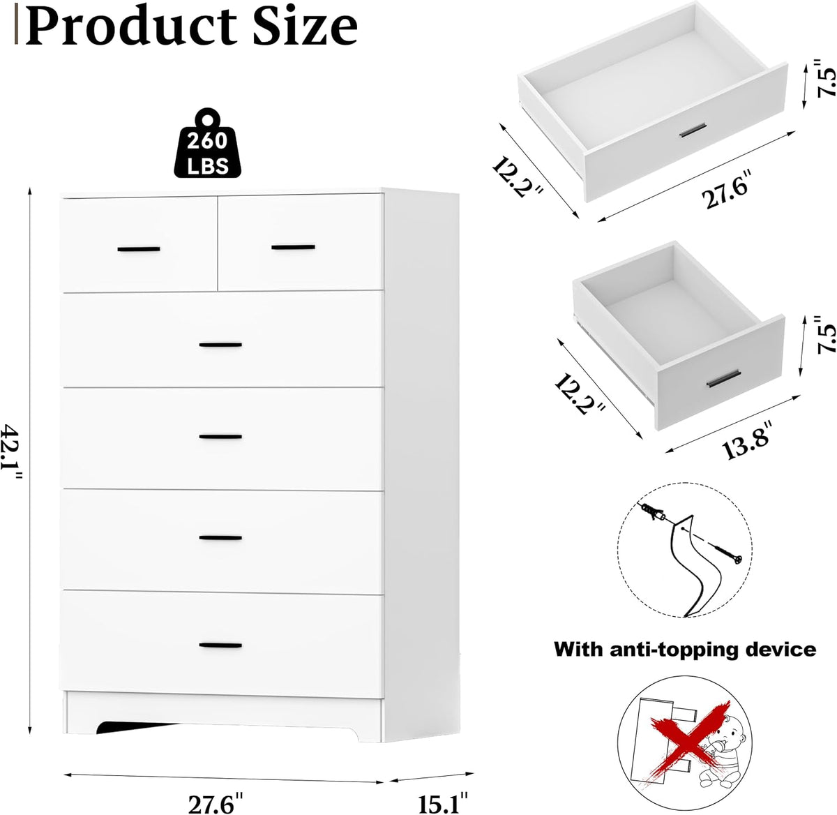 GEPELCN Tall Dresser for Bedroom Wooden 6 Drawer Dresser with Power Outlet Ch...