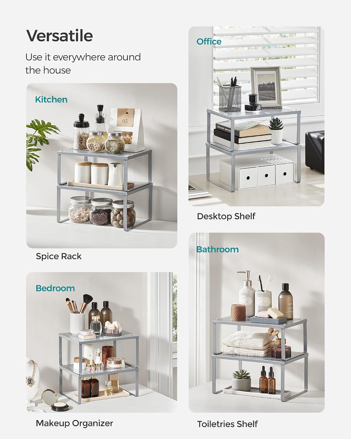 SONGMICS Set of 4 Metal Spice Racks, Stackable Expandable Shelf Risers