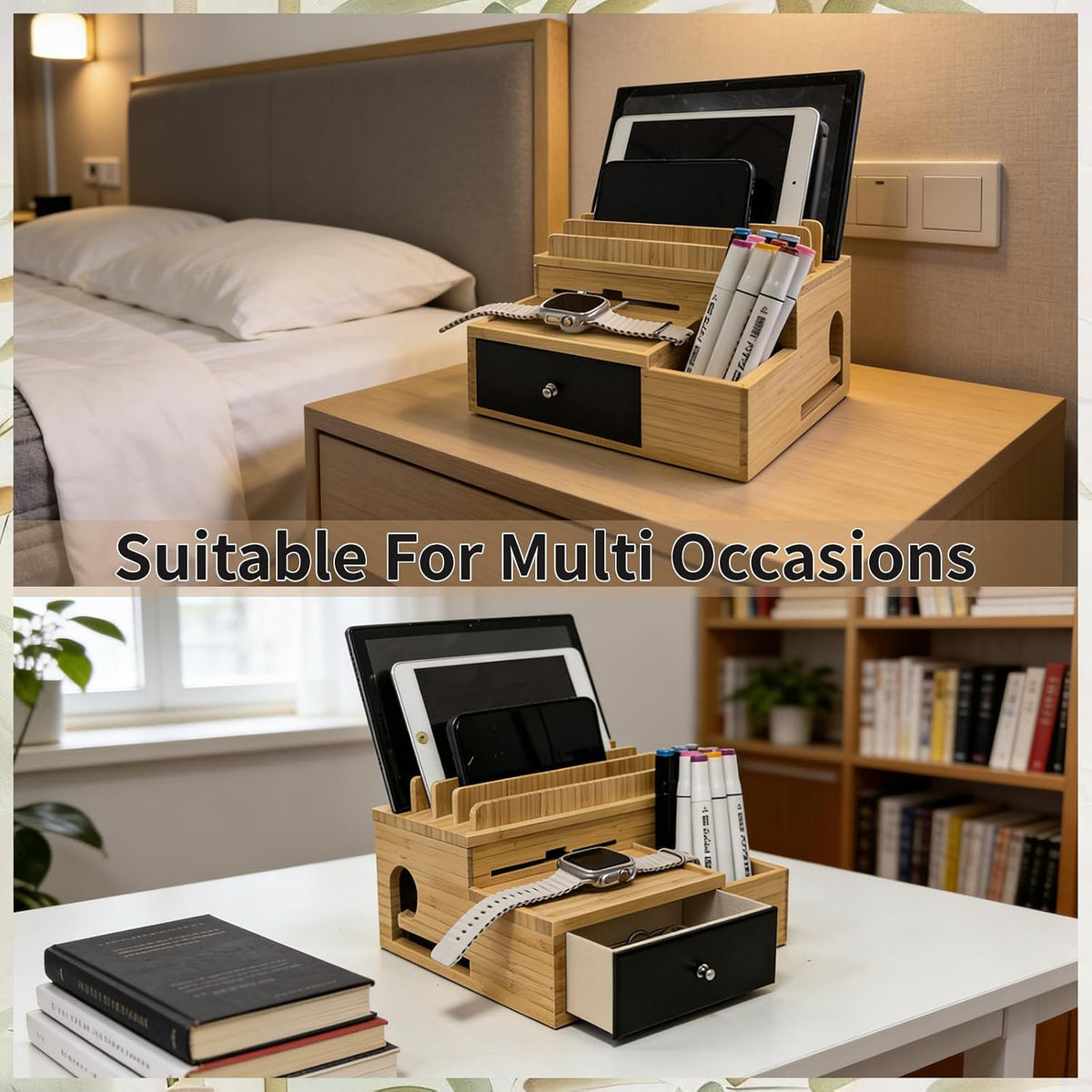 Bamboo Charging Station Organizer with Drawer and Pen Holder